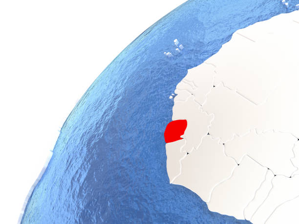 Sierra Leone in red color on globe with watery oceans and shiny metallic landmasses. 3D illustration 3D model of planet created and rendered in Cheetah3D software, 9 Mar 2017. 3D model created by manually cutting out countries into the 3D mesh according to current world map.