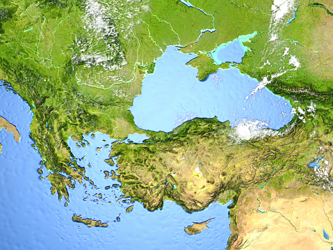 Turkey and Black sea region. 3D illustration with detailed planet surface. 3D model of planet created and rendered in Cheetah3D software, 7 Mar 2017. Some layers of planet surface use textures furnished by NASA, Blue Marble collection: http://visibleearth.nasa.gov/view_cat.php?categoryID=1484