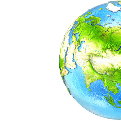 Central Asia on 3D model of planet Earth with watery ocean and visible country borders. 3D illustration. Blank space for your copy on the left side. 3D model of planet created and rendered in Cheetah3D software, 7 Mar 2017. Some layers of planet surface use textures furnished by NASA, Blue Marble collection: http://visibleearth.nasa.gov/view_cat.php?categoryID=1484