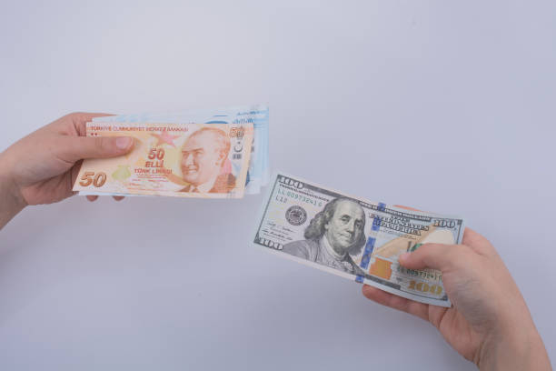 istock Hands holding American dollar and Turksh Lira banknotes 652481668