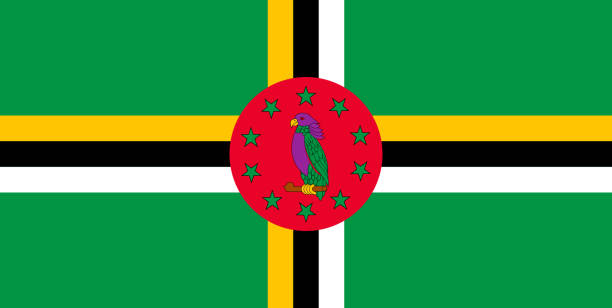 Close-up of old metal wall with national flag of Dominica . Concept of Dominica  export-import, storage of goods and national delivery of goods. Flag in grunge style