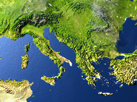 Adriatic sea region. 3D illustration with detailed planet surface and visible city lights. 3D model of planet created and rendered in Cheetah3D software, 7 Mar 2017. Some layers of planet surface use textures furnished by NASA, Blue Marble collection: http://visibleearth.nasa.gov/view_cat.php?categoryID=1484