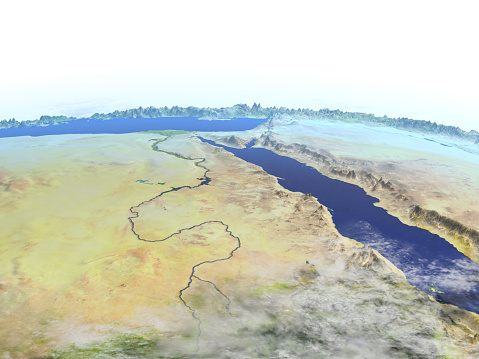 Egypt on model of Earth. 3D illustration with realistic planet surface. 3D model of planet created and rendered in Cheetah3D software, 7 Mar 2017. Some layers of planet surface use textures furnished by NASA, Blue Marble collection: http://visibleearth.nasa.gov/view_cat.php?categoryID=1484
