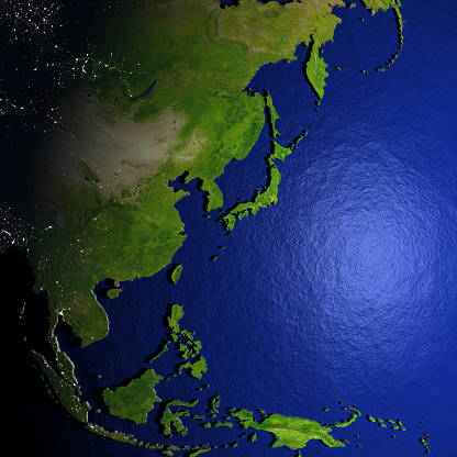 Australasia on model of Earth with dark blue oceans and embossed landmasses. 3D illustration. 3D model of planet created and rendered in Cheetah3D software, 9 Mar 2017. Some layers of planet surface use textures furnished by NASA, Blue Marble collection: http://visibleearth.nasa.gov/view_cat.php?categoryID=1484