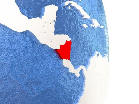 Nicaragua on globe with realistic blue water and shiny metallic continents. 3D illustration 3D model of planet created and rendered in Cheetah3D software, 9 Mar 2017. 3D model created by manually cutting out countries into the 3D mesh according to current world map.