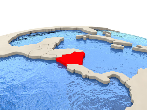 Nicaragua highlighted in red on globe with realistic blue water. 3D illustration 3D model of planet created and rendered in Cheetah3D software, 7 Mar 2017.