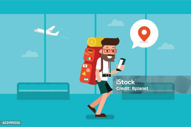 Traveler Man Using Mobile Phone In Airport Stock Illustration - Download Image Now - Guide - Occupation, Tourist, Travel