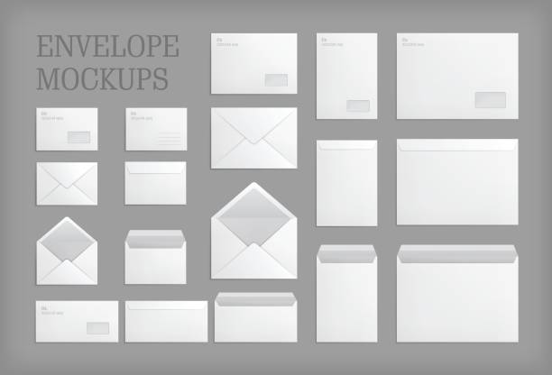 Set of standard vector envelopes. Set of standard white paper envelopes for office document or message. Vector empty mockups. White empty mail envelope with transparent window. Full and folded A4 size. Illustration on gray background envelope stock illustrations