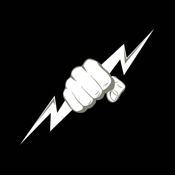 The fist squeezing a lightning The fist squeezing a lightning. The vector illustration symbolizing force, the power. A logo, a sign for the power companies, fight club. Design element. Vector illustration. zeus stock illustrations