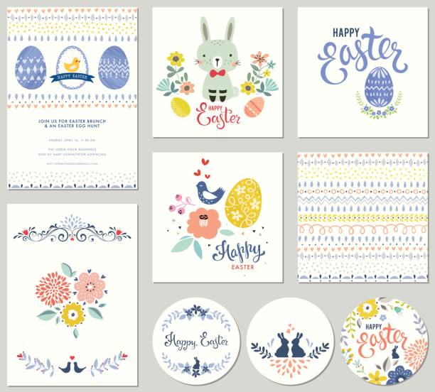 collection_01 wielkanocna - baby chicken eggs young bird easter stock illustrations