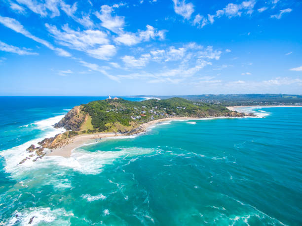 An aerial view of Byron Bay lighthouse stock photo