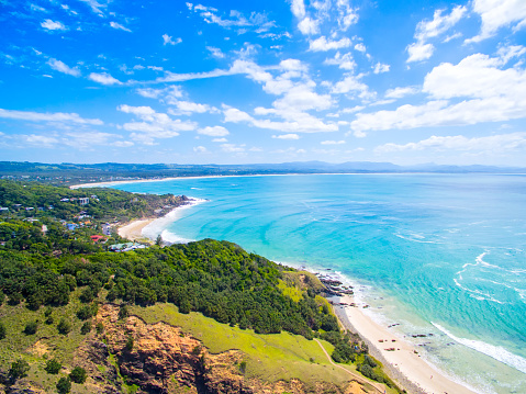 An aerial view of Wategoes beach in Byron Bay in New South Wales, Australia