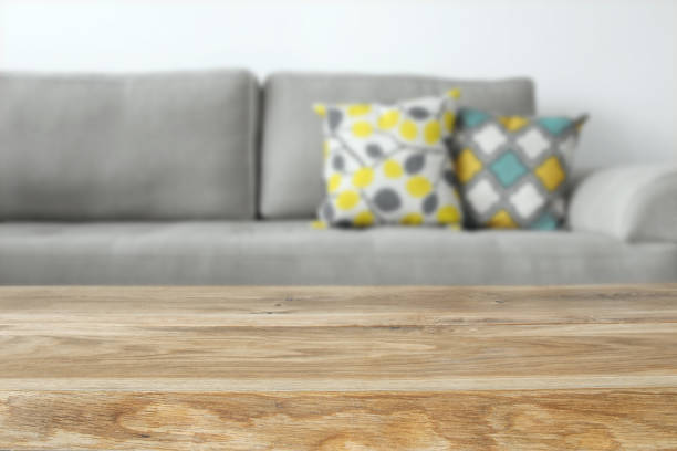 istock Wooden empty table in front of Living room sofa interior 652580204