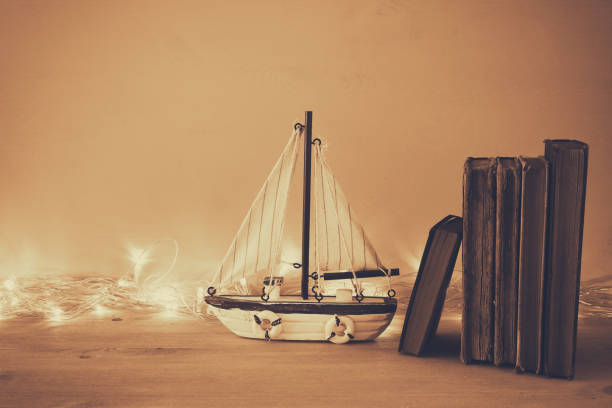 Nautical concept with sea life style objects on wooden table. Sepia style filtered image