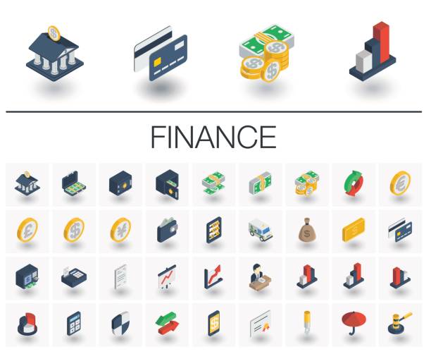 Banking and finance isometric icons. 3d vector Isometric flat icon set. 3d vector colorful illustration with banking and finance symbols. Credit card, wallet, coin, safe, money bag, cash, dollar, euro, pound colorful pictogram Isolated on white isometric projection stock illustrations