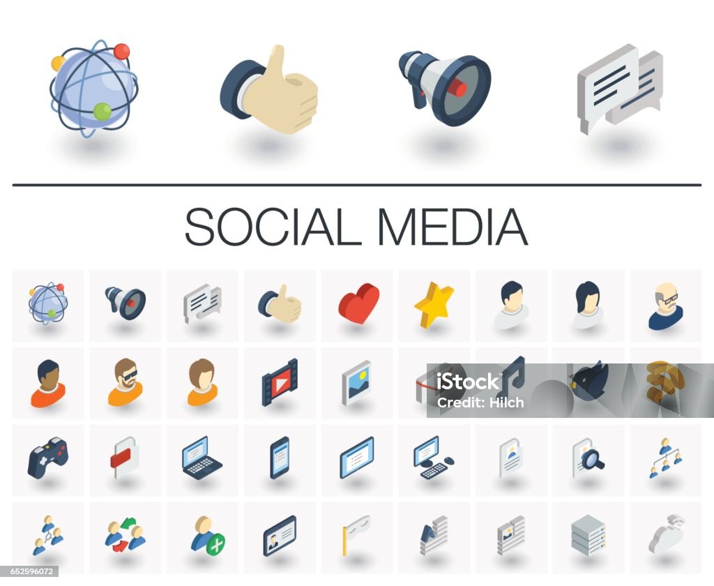 Social media and network isometric icons. 3d vector Isometric flat icon set. 3d vector colorful illustration with social media and digital technology symbols. Like, speech bubble, avatar, computer, web, mobile colorful pictogram Isolated on white Icon Symbol stock vector