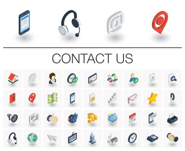 Contact us and Communication isometric icons. 3d vector Isometric flat icon set. 3d vector colorful illustration with contact us symbols. Communication, home, call, speech bubble, email, letter, envelope, handshake colorful pictogram Isolated on white user profile illustration stock illustrations