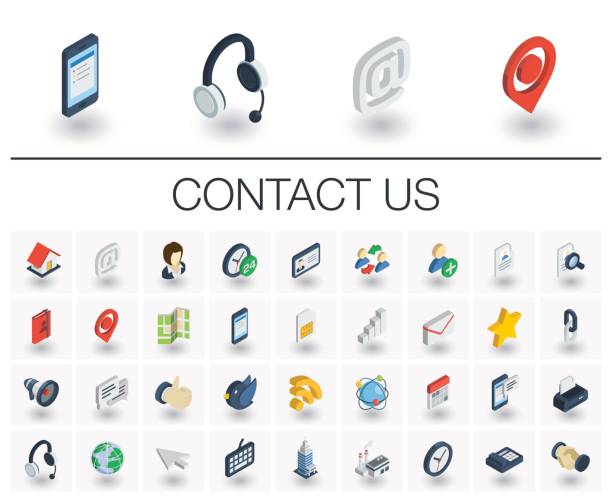 Contact us and Communication isometric icons. 3d vector Isometric flat icon set. 3d vector colorful illustration with contact us symbols. Communication, home, call, speech bubble, email, letter, envelope, handshake colorful pictogram Isolated on white drawing board stock illustrations