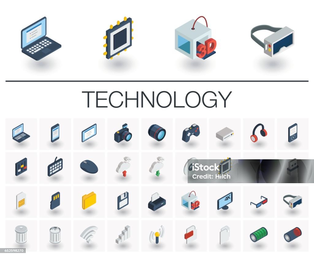 Digital technology isometric icons. 3d vector Isometric flat icon set. 3d vector colorful illustration with technology, digital symbols. Cloud computing, print, VR glasses, 4k resolution and wireless colorful pictogram Isolated on white Isometric Projection stock vector