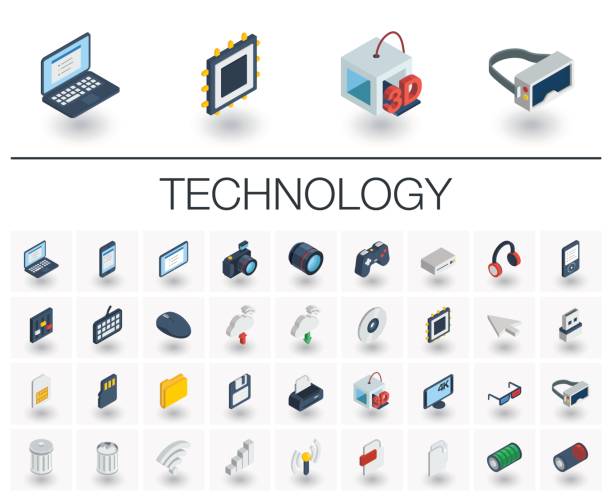 Digital technology isometric icons. 3d vector Isometric flat icon set. 3d vector colorful illustration with technology, digital symbols. Cloud computing, print, VR glasses, 4k resolution and wireless colorful pictogram Isolated on white conceptual symbol stock illustrations