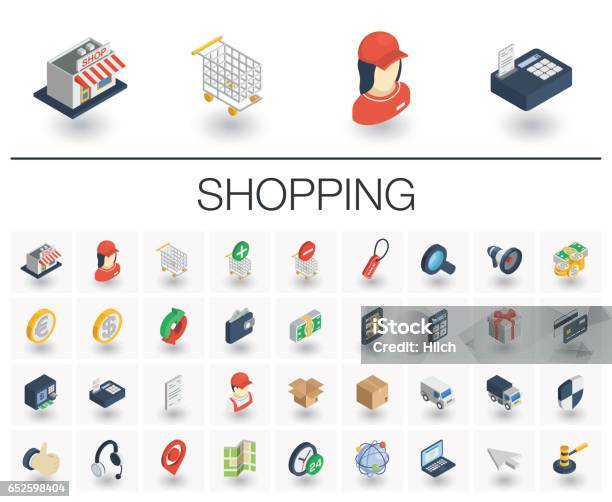Icone Isometriche Per Lo Shopping Vettore 3d - Immagini vettoriali stock e altre immagini di Assonometria - Assonometria, Icona, Tridimensionale