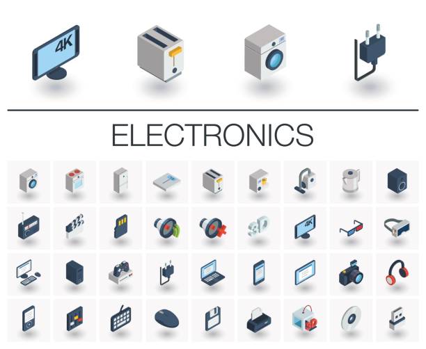 elektronika i multimedia ikony izometryczne. wektor 3d - computer part audio stock illustrations