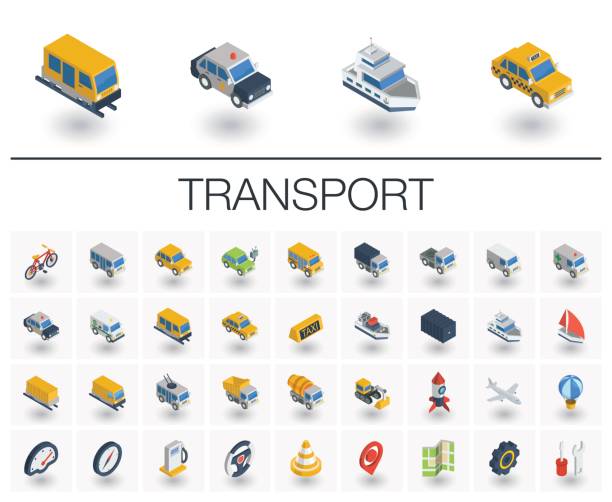Transport and transportation isometric icons. 3d vector Isometric flat icon set. 3d vector colorful illustration with transport, transportation symbols. Police car, train, yacht, taxi, bicycle and truck colorful pictogram Isolated on white transportation icons set stock illustrations