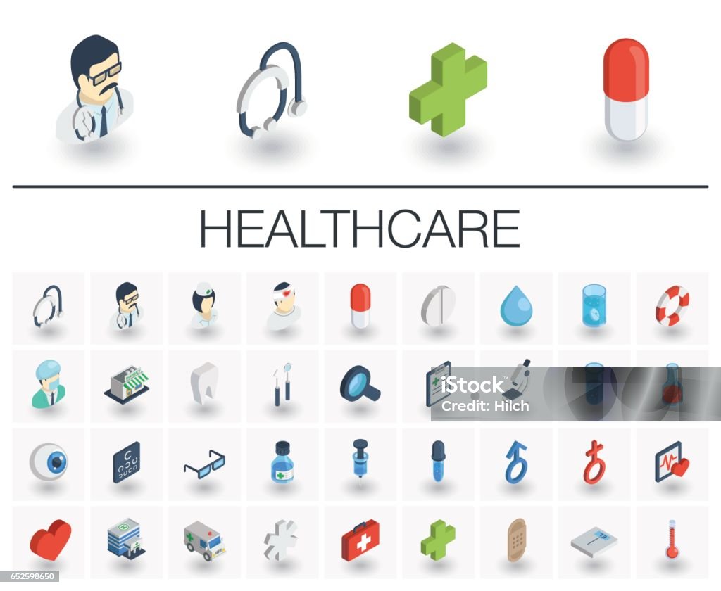 Medicine and healthcare isometric icons. 3d vector Isometric flat icon set. 3d vector colorful illustration with medical, medicine, healthcare symbols. Dentist, health, ambulance, care, doctor, pills, cross colorful pictogram Isolated on white Healthcare And Medicine stock vector
