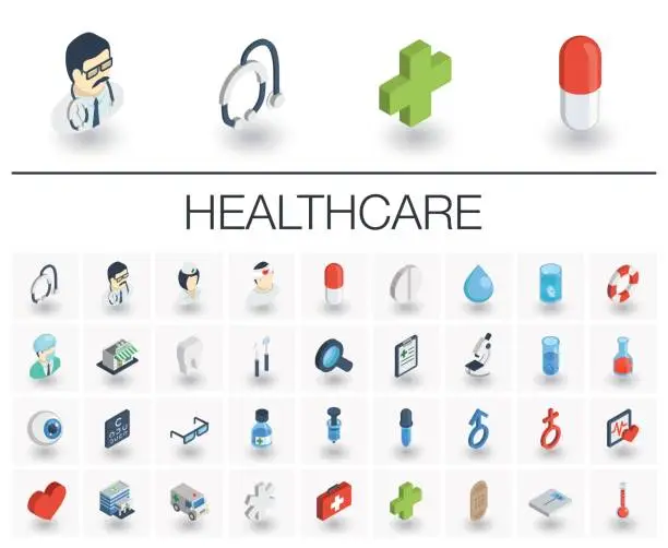 Vector illustration of Medicine and healthcare isometric icons. 3d vector