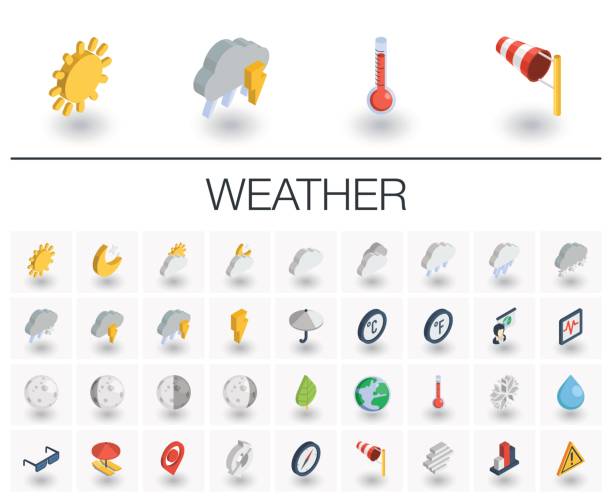 метео и погода изометрические значки. 3d вектор - storm umbrella parasol rain stock illustrations