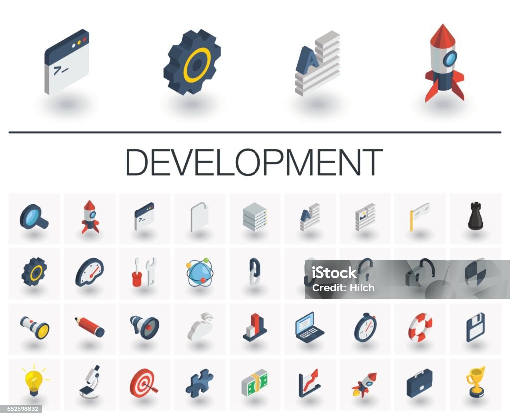 Web and App development isometric icons. 3d vector Isometric flat icon set. 3d vector colorful illustration with web and app development symbols. Digital network technology, coding, application, program data colorful pictogram Isolated on white Icon Symbol stock vector