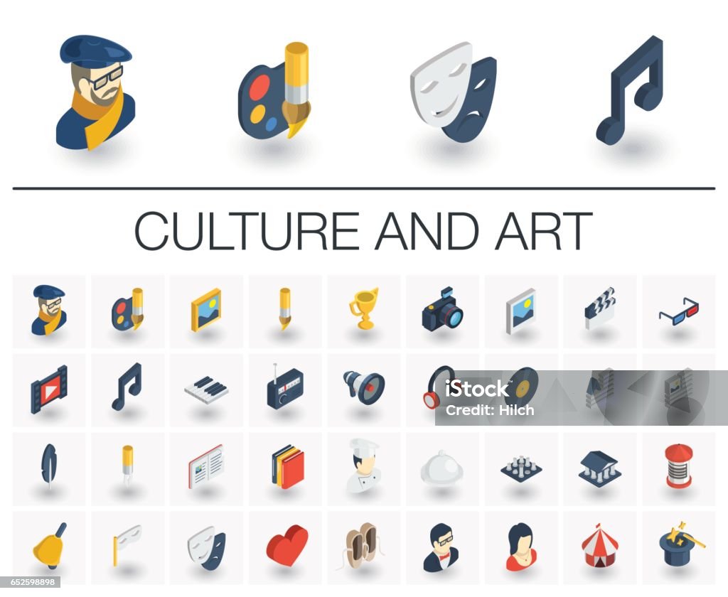 Culture and art isometric icons. 3d vector Isometric flat icon set. 3d vector colorful illustration with culture, art, literature symbols. Artist palette, theatre, cinema and music, circus, magic colorful pictogram Isolated on white Icon stock vector