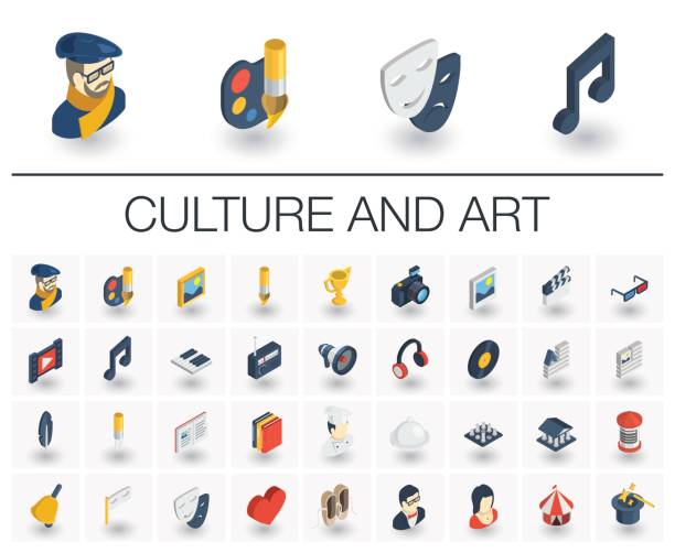 Culture and art isometric icons. 3d vector Isometric flat icon set. 3d vector colorful illustration with culture, art, literature symbols. Artist palette, theatre, cinema and music, circus, magic colorful pictogram Isolated on white ballet photos stock illustrations