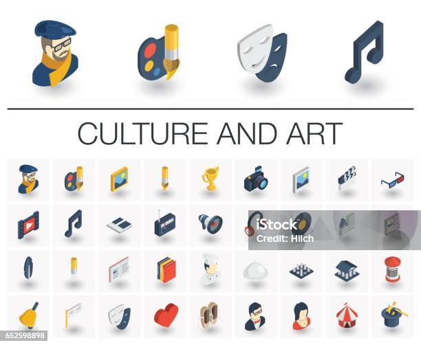 Culture And Art Isometric Icons 3d Vector Stock Illustration - Download Image Now - Icon, Isometric Projection, Cultures