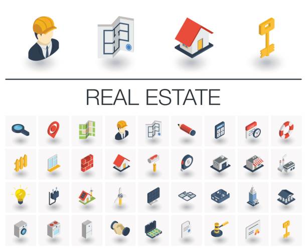 illustrazioni stock, clip art, cartoni animati e icone di tendenza di icone isometriche real estste e rent apartment. vettore 3d - key marketing interface icons symbol