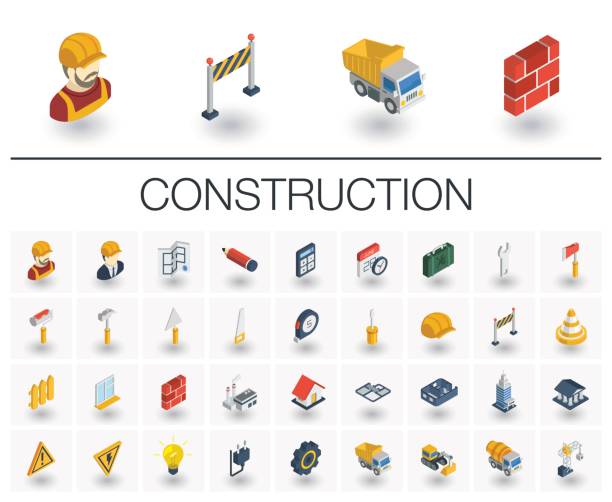 건설, 산업 아이소메트릭 아이콘입니다. 3 차원 벡터 - construction equipment vector illustration and painting computer icon stock illustrations