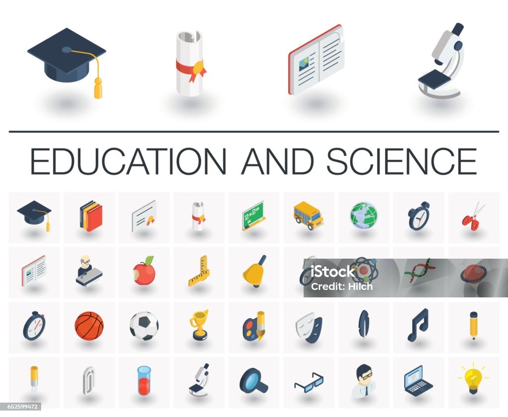 Education and learning isometric icons. 3d vector Isometric flat icon set. 3d vector colorful illustration with education, learning, think symbols. Book, microscope, calculator, pen, elearning, teacher colorful pictogram Isolated on white Icon Symbol stock vector