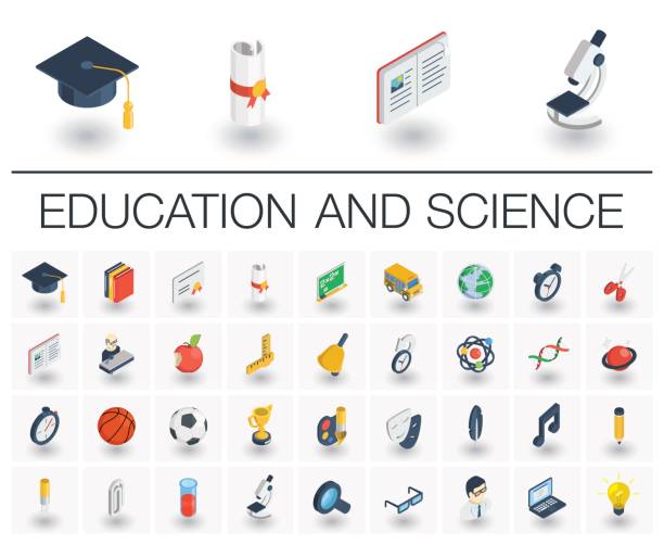 Education and learning isometric icons. 3d vector Isometric flat icon set. 3d vector colorful illustration with education, learning, think symbols. Book, microscope, calculator, pen, elearning, teacher colorful pictogram Isolated on white educational subject stock illustrations