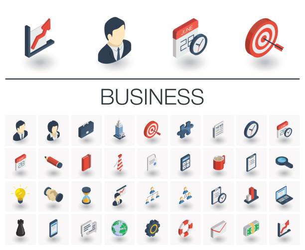 Business and management isometric icons. 3d vector Isometric flat icon set. 3d vector colorful illustration with business, management symbols. Marketing research, strategy, service, career, mission, analytic colorful pictogram Isolated on white target acquisition stock illustrations