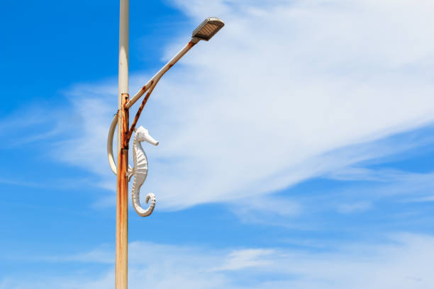 Metal shrimp on a light pole, sky background