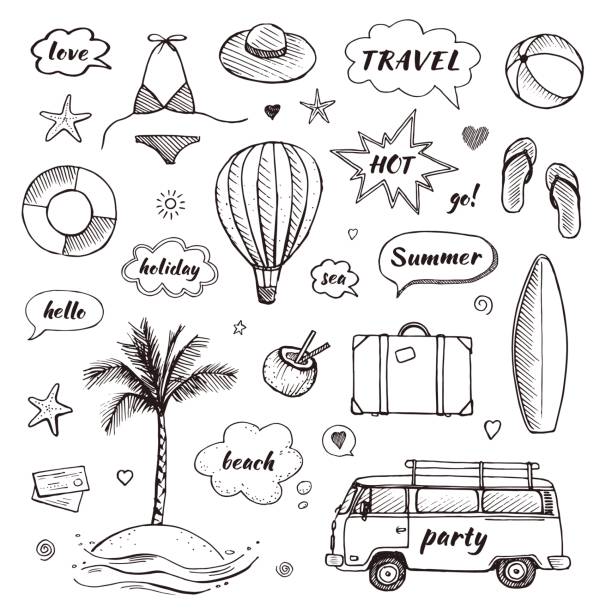 Set of hand drawn travel doodle. Tourism and summer sketch with travelling elements and speech bubbles. Vector illustration Set of hand drawn travel doodle. Tourism and summer sketch with travelling elements and speech bubbles. Vector illustration balloon drawings stock illustrations