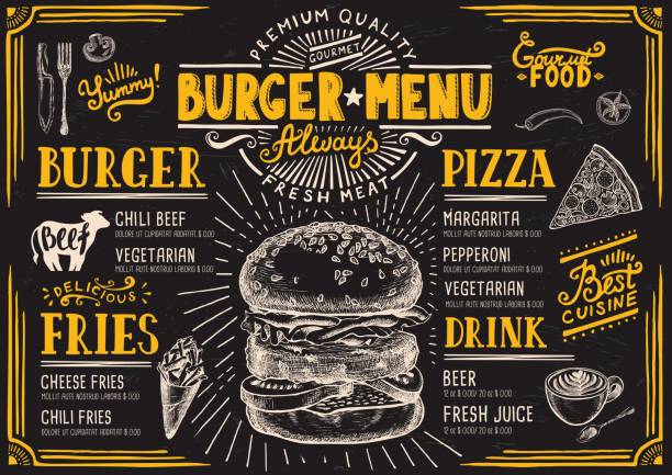 illustrazioni stock, clip art, cartoni animati e icone di tendenza di ristorante con menu burger, modello di cibo. - gastronomico