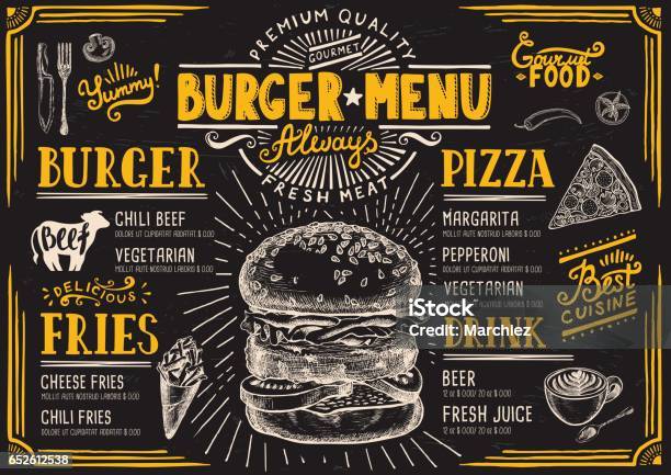ハンバーガー メニュー レストラン食品テンプレート - メニューのベクターアート素材や画像を多数ご用意 - メニュー, ハンバーグ料理, 黒板