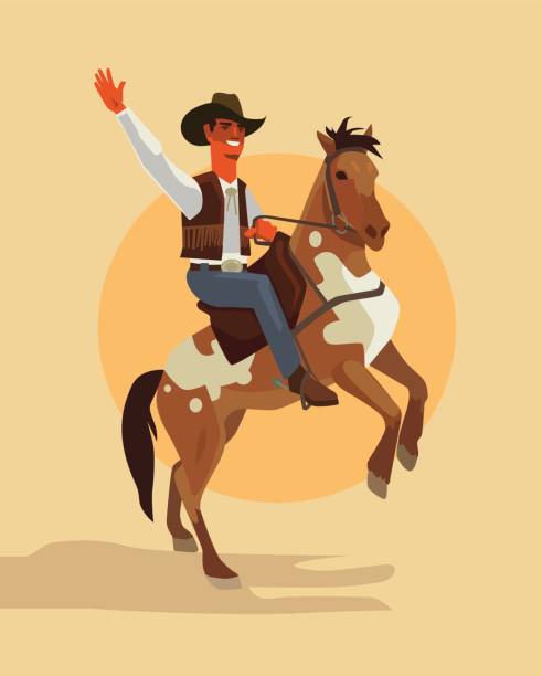 illustrazioni stock, clip art, cartoni animati e icone di tendenza di cavallo da cowboy - cowboy horse lasso rodeo