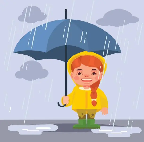 Vector illustration of Little girl character under rain