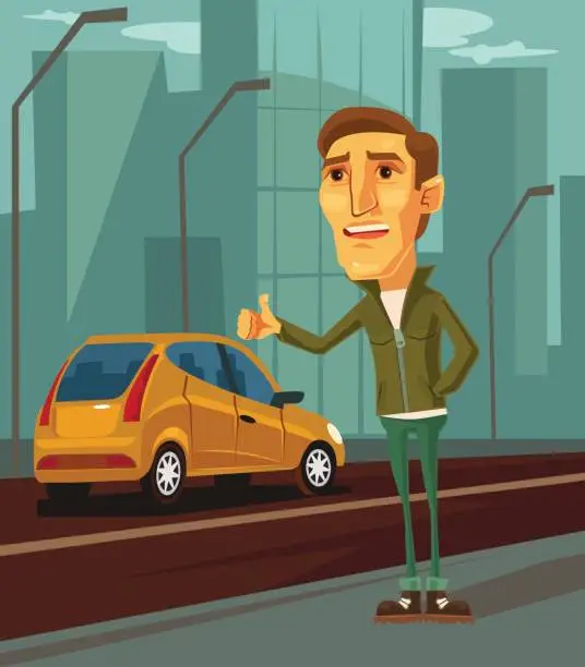 Vector illustration of Man character trying to catch taxi