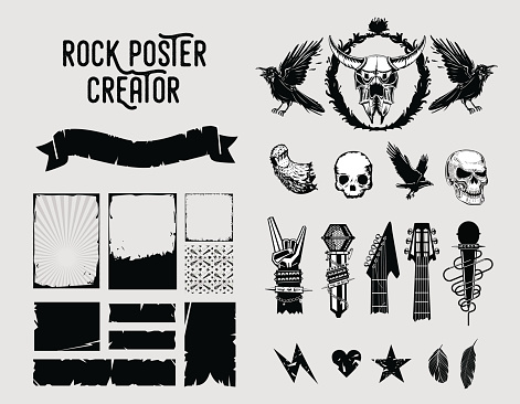 Rock poster creator. Grunge design elements. Black and white collection. Tatto style