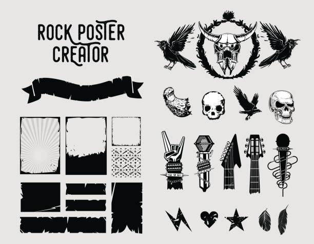 Grunge design elements. Sign and frame set for music posters. Rock poster creator. Grunge design elements. Black and white collection. Tatto style guitar designs stock illustrations