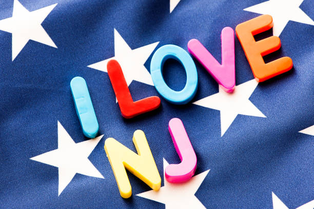 istock American flag with I Love NJ word 652631612