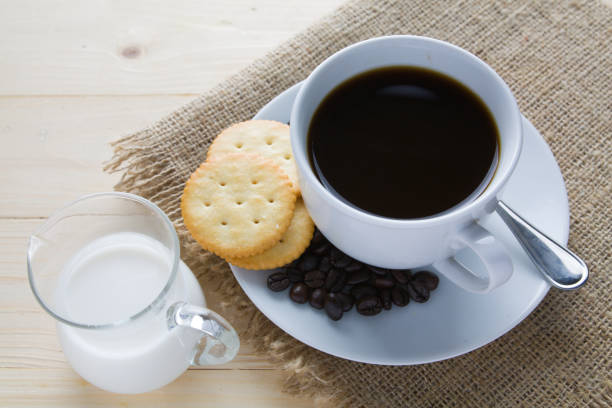 istock Cup of coffee and milk with biscuit on wooden table 652632200